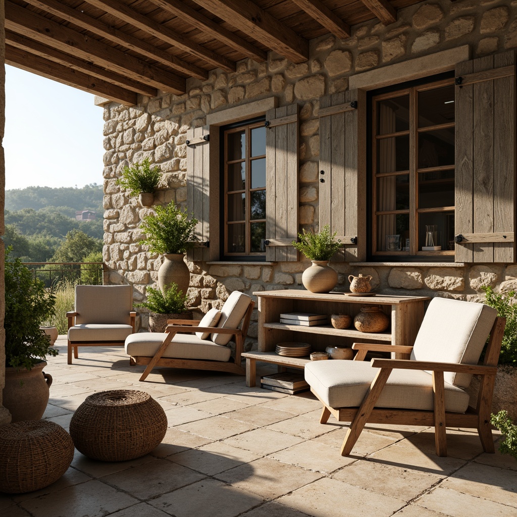 Prompt: Rustic French country villa, stone fa\u00e7ade, distressed wood beams, vintage shutters, ornate metalwork, soft candlelight, warm earthy tones, natural linen fabrics, antique furniture pieces, woven baskets, potted herbs, rustic kitchen islands, wooden spoons, ceramic jugs, fresh flowers, greenery-filled urns, classic country landscapes, rolling hills, sunny afternoons, shallow depth of field, 1/2 composition, soft focus, warm color palette, realistic textures.