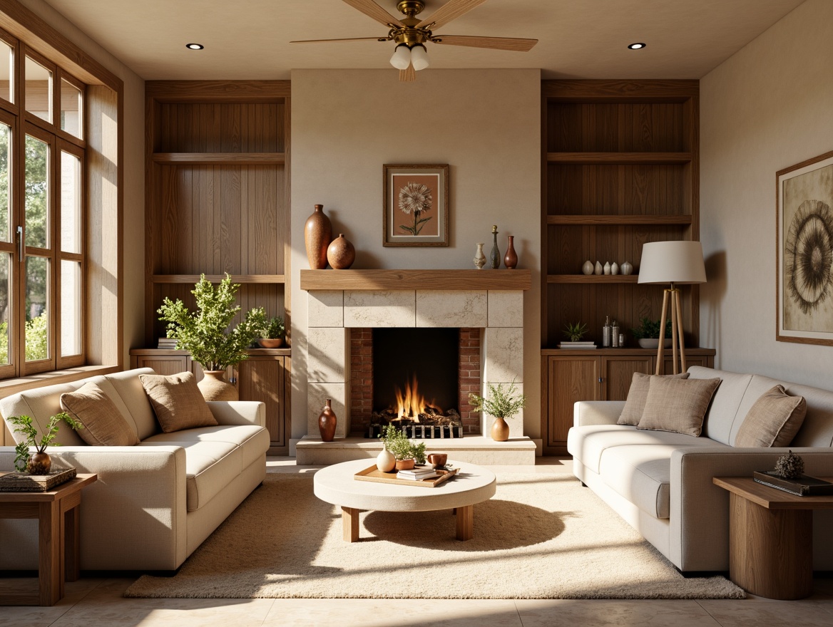 Prompt: Cozy living room, warm beige walls, rich wood accents, plush velvet furniture, soft cream carpets, earthy terracotta vases, natural stone fireplace, golden bronze lighting fixtures, sunny afternoon light, shallow depth of field, 1/1 composition, realistic textures, ambient occlusion.