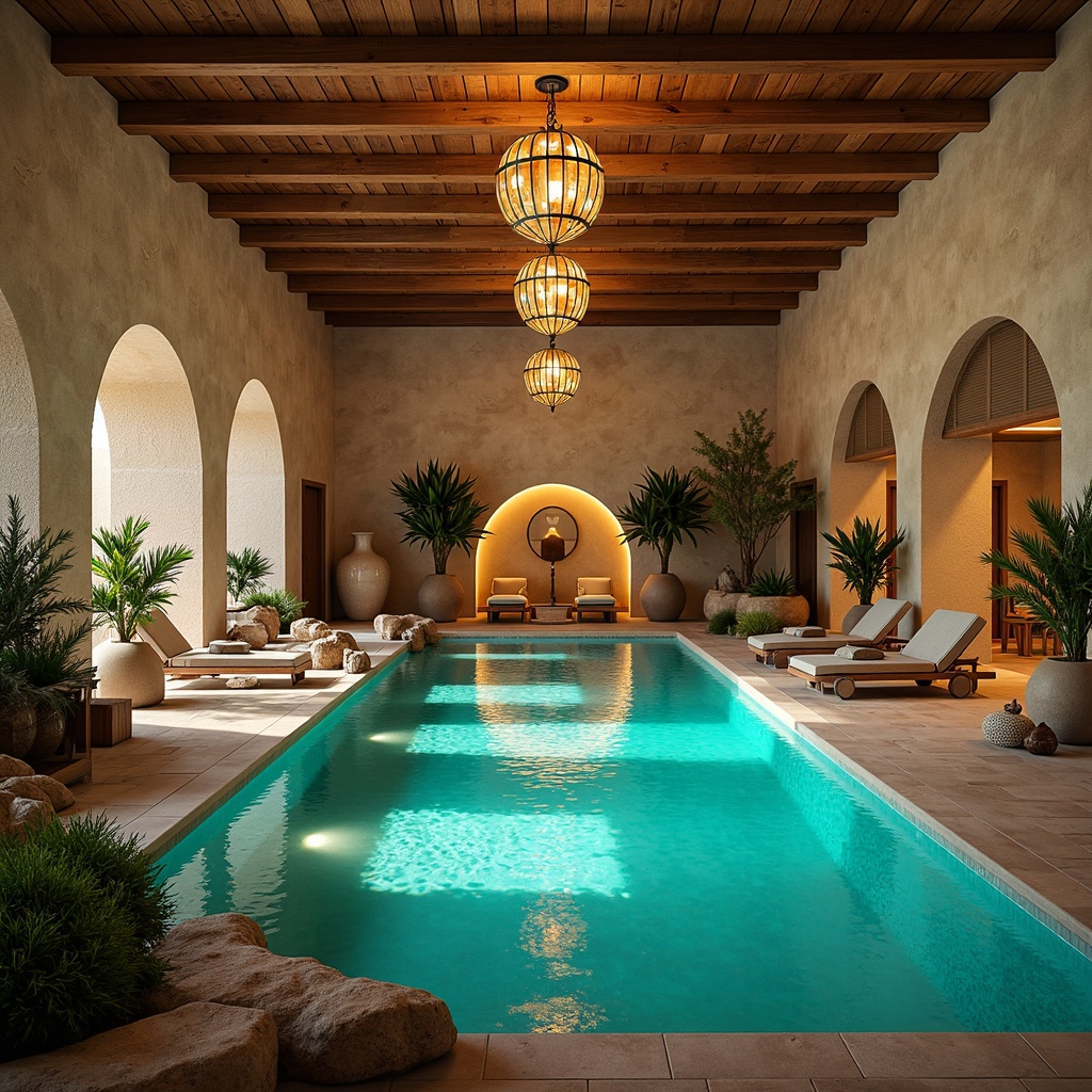 Prompt: Southwestern-inspired indoor pool, turquoise water, natural stone walls, wooden accents, rustic beams, elegant chandeliers, warm LED lighting, plush lounge chairs, vibrant azurite tiles, desert botanicals, lush greenery, water features, modern sculptures, minimalist decor, spa-like ambiance, soothing music, gentle misting systems, 1/1 composition, softbox lighting, shallow depth of field.