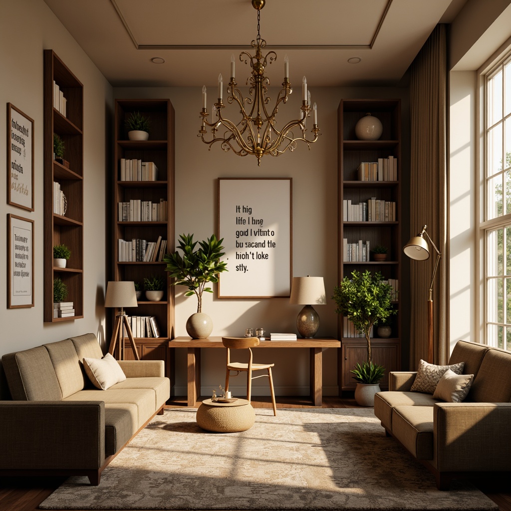 Prompt: Cozy apartment interior, warm beige walls, dark wood accents, elegant chandeliers, soft warm lighting, table lamps, floor lamps, natural textures, comfortable furniture, bookshelves, study desks, inspiring quotes, motivational artwork, calm atmosphere, afternoon sunlight, subtle shadows, 1/2 composition, realistic reflections, ambient occlusion.