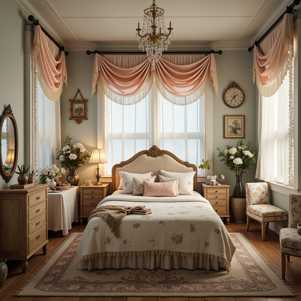 Prompt: Whimsical shabby-chic bedroom, distressed vintage furniture, soft pastel colors, lace drapery, floral patterns, ruffled fabrics, ornate metal frames, antique wooden dressers, upholstered headboards, velvet pillows, crystal chandeliers, warm candlelight, cozy reading nooks, plush area rugs, natural wood flooring, delicate porcelain vases, feminine accents, romantic ambiance, soft focus lighting, 1/1 composition, intimate atmosphere.