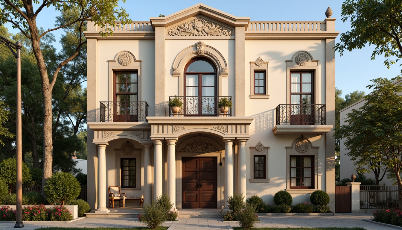 Prompt: Ornate residential facade, neoclassical columns, intricate molding details, elegant archways, ornamental cornices, luxurious stone carvings, grand entrance doors, symmetrical composition, harmonious proportions, soft warm lighting, shallow depth of field, 1/1 perspective, realistic textures, ambient occlusion, cream-colored stucco walls, decorative window frames, balconies with ornate railings, lush greenery, blooming flowers, tranquil atmosphere.