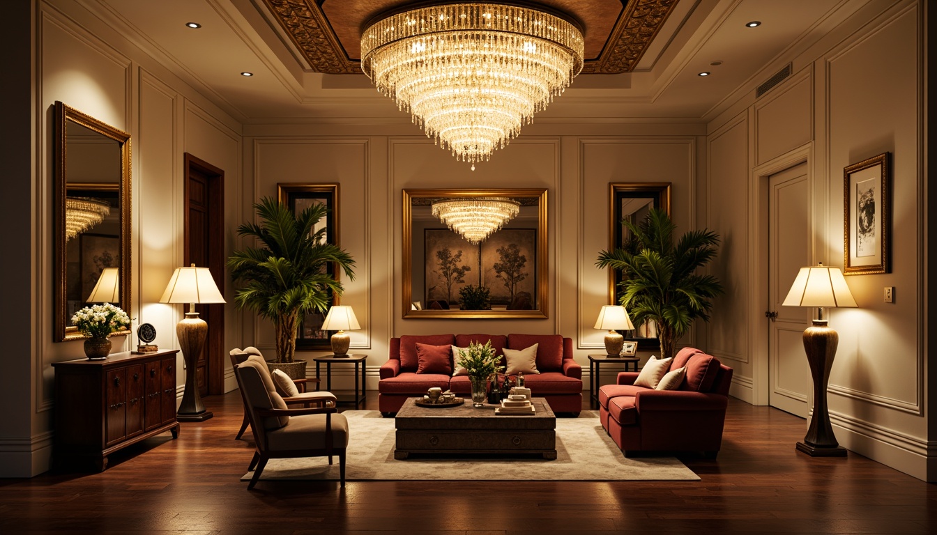 Prompt: Elegant living room, lavish chandelier, crystal drops, warm golden lighting, rich wood furniture, plush velvet sofas, ornate mirrors, stylish floor lamps, modern LED ceiling lights, dimmable switches, cozy reading nooks, soft creamy walls, dark hardwood floors, subtle texture contrasts, 1/1 composition, dramatic shadows, realistic reflections.