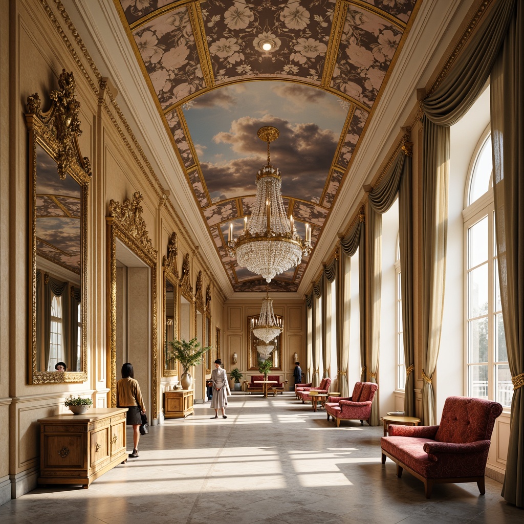 Prompt: Luxurious palace interior, ornate fresco ceilings, soft warm lighting, gold leaf details, delicate floral patterns, Rococo-style architecture, curved lines, ornamental mirrors, lavish furnishings, velvet drapes, marble floors, grand chandeliers, intricate moldings, pastel color palette, whimsical cloud motifs, subtle texture blending, shallow depth of field, 1/1 composition, realistic reflections, ambient occlusion.