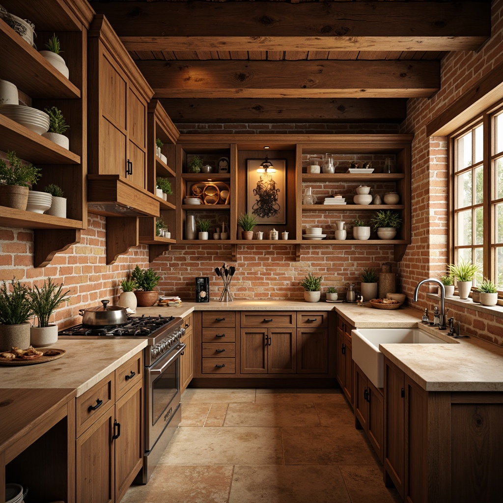 Prompt: Rustic kitchen, warm wood tones, exposed brick walls, wooden beams, craftsman-style cabinetry, open shelving units, decorative metal brackets, vintage hardware, earthy color palette, natural stone countertops, farmhouse sink, pendant lighting, soft warm glow, shallow depth of field, 2/3 composition, atmospheric perspective, realistic textures, ambient occlusion.