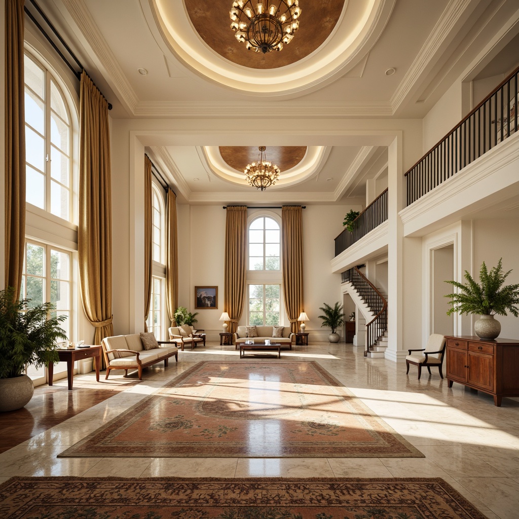 Prompt: Elegant neoclassical mansion, marble flooring, inlaid wood patterns, ornate borders, high-gloss finish, creamy white walls, grand staircase, crystal chandeliers, luxurious furnishings, richly patterned rugs, warm golden lighting, soft focus photography, shallow depth of field, 2/3 composition, symmetrical architecture.