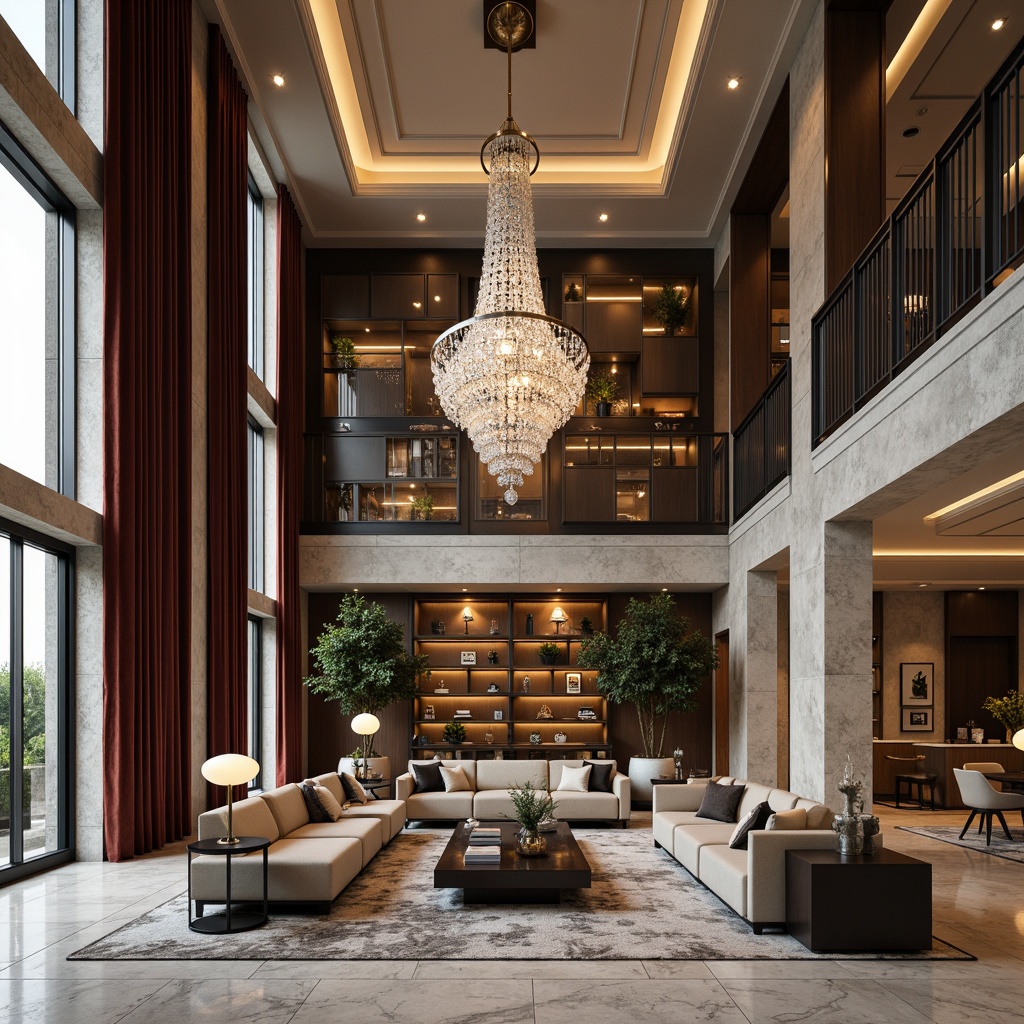 Prompt: Luxurious interior space, high ceilings, grand chandeliers, marble flooring, ornate moldings, velvet drapes, crystal pendant lights, plush area rugs, tufted sofas, reclaimed wood accents, metallic wall decorations, geometric patterned tiles, minimalist shelving units, floor-to-ceiling windows, natural stone walls, warm ambient lighting, 1/2 composition, shallow depth of field, soft focus, realistic textures.