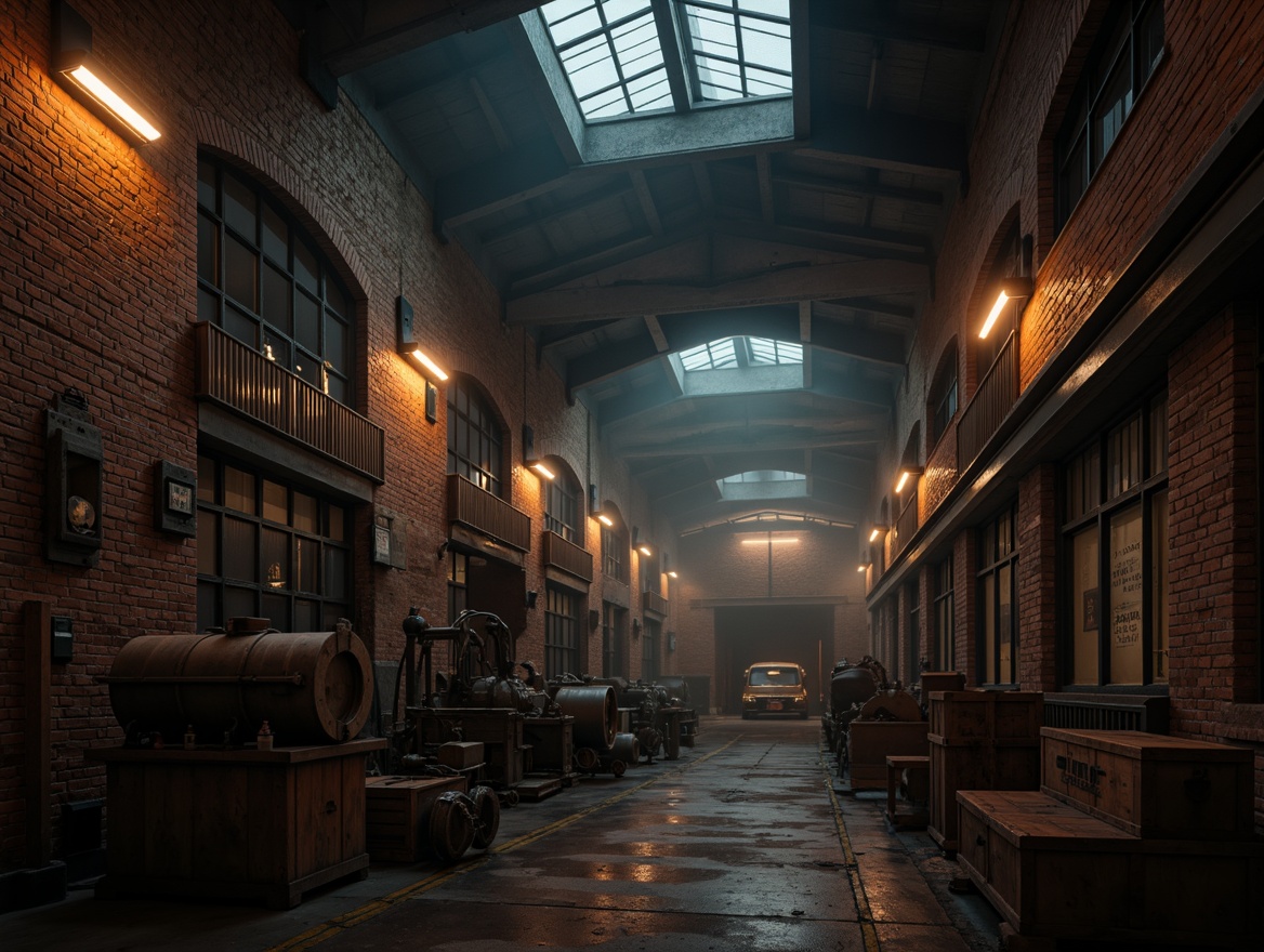 Prompt: Industrial warehouse, exposed brick walls, metal beams, dimmable LED lighting, warm color temperature, atmospheric fog, eerie shadows, abandoned factory setting, rusty machinery, old wooden crates, distressed textures, cinematic mood, low-key lighting, dramatic contrast, 1/2 composition, narrow depth of field, realistic renderings.