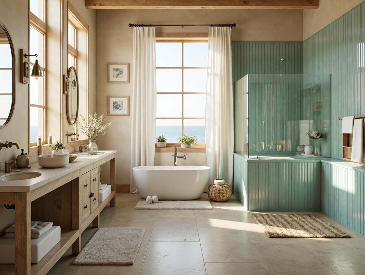 Prompt: Calming coastal bathroom, soft sandy beige walls, calming turquoise accents, weathered wood vanities, shell-inspired decorative accessories, ocean-blue glass tiles, natural stone flooring, driftwood-textured shower walls, sea-salt scented candles, airy windows, sheer white curtains, warm golden lighting, 1/1 composition, shallow depth of field, soft focus, realistic textures.