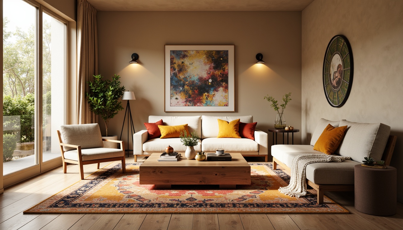 Prompt: Cozy living room, plush throw blankets, soft velvet pillows, comfortable sofa, warm beige walls, natural wood flooring, minimalist coffee table, modern lamp fixtures, vibrant colorful rugs, intricate geometric patterns, abstract artwork, large windows, sunny day, soft warm lighting, shallow depth of field, 1/1 composition, realistic textures, ambient occlusion.