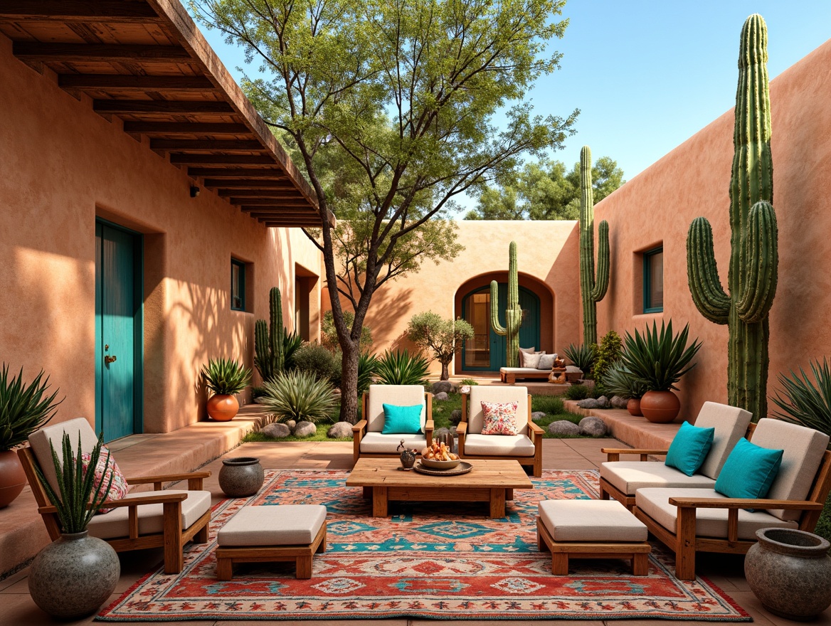 Prompt: Vibrant turquoise accents, earthy terracotta pottery, woven Native American-inspired textiles, rustic wooden furniture, colorful Zapotec patterns, intricate geometric motifs, warm golden lighting, shallow depth of field, 1/2 composition, dramatic shadows, bold brushstrokes, abstract expressionist style, textured canvas, desert landscape, cactus plants, adobe architecture, warm sunny day, clear blue sky.