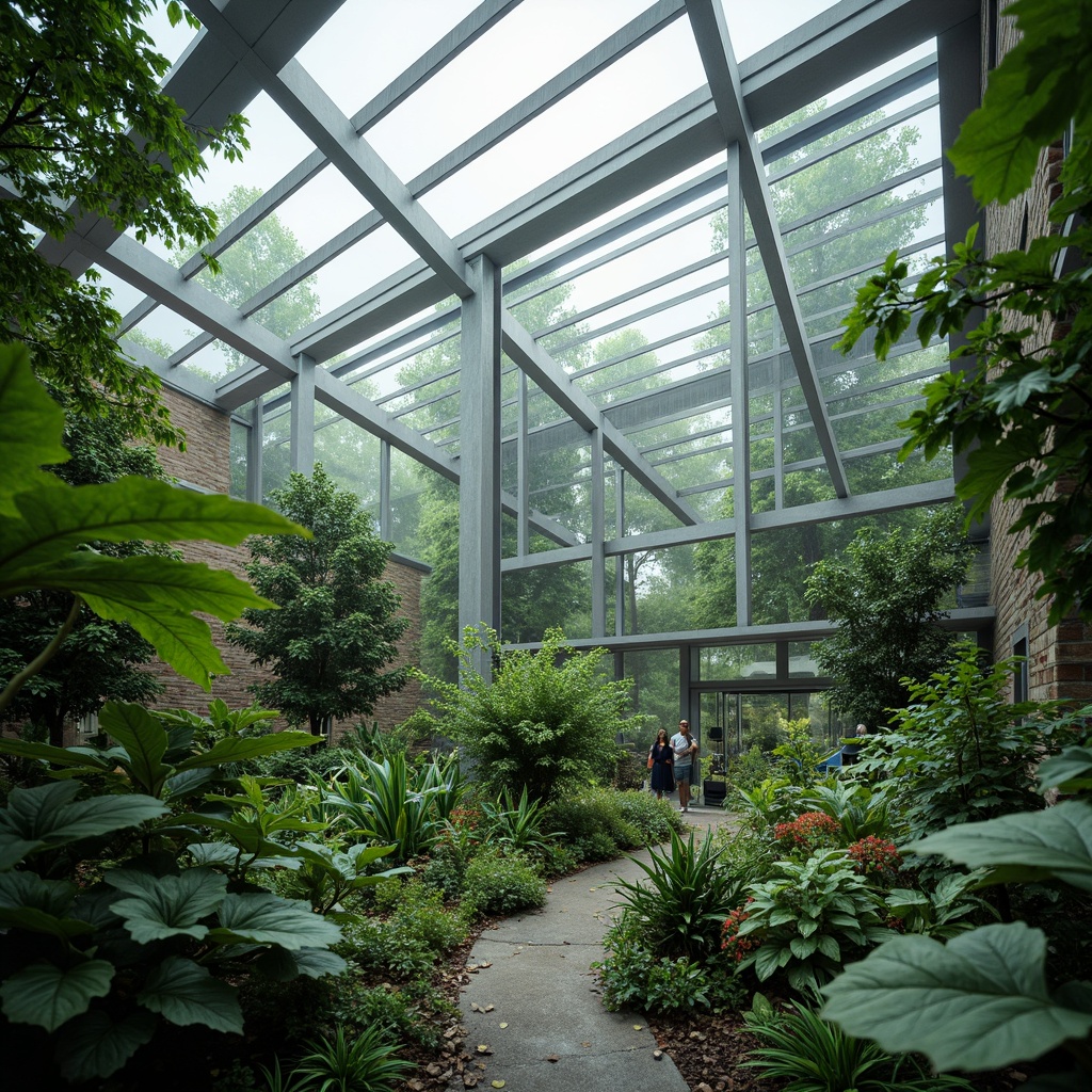 Prompt: Vibrant botanical greenhouse, lush tropical plants, misty atmosphere, natural stone walls, modern minimalist architecture, transparent glass roofs, steel frames, sliding doors, soft diffused lighting, 3/4 composition, shallow depth of field, panoramic view, realistic textures, ambient occlusion, futuristic sustainable design, eco-friendly materials, innovative climate control systems, vertical farming, hydroponic systems, urban agriculture, educational interactive displays, dynamic digital projections.