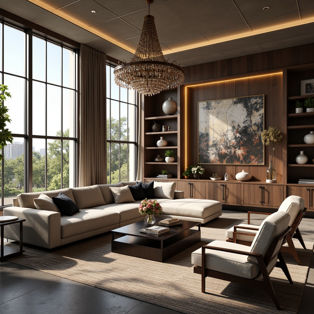 Prompt: Elegant living room, comfortable sofa, sleek coffee table, modern armchairs, plush area rug, floor-to-ceiling windows, natural light, soft warm glow, 3/4 composition, shallow depth of field, realistic textures, ambient occlusion, ornate chandelier, abstract artwork, decorative vases, rustic wooden shelves, metallic accents, bold color schemes, luxurious fabrics, sophisticated ambiance, inviting atmosphere.