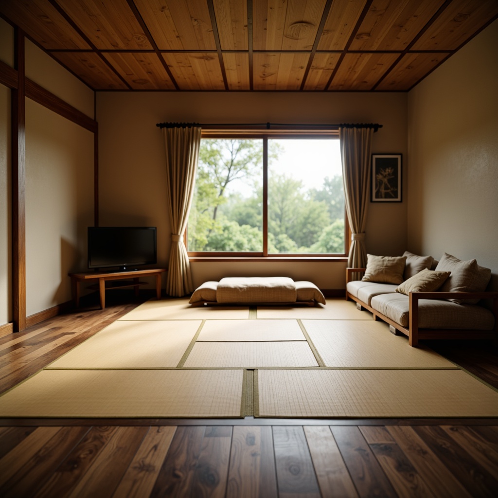 Prompt: Traditional Japanese tatami mats, natural bamboo flooring, dark hardwood floors, rich wood grain patterns, subtle sheen finish, minimalist design aesthetic, serene ambiance, soft warm lighting, shallow depth of field, 3/4 composition, panoramic view, realistic textures, ambient occlusion.