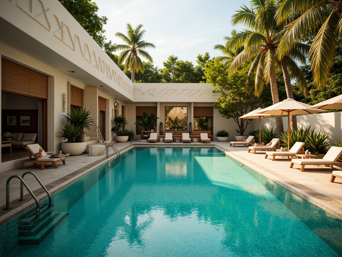 Prompt: Art Deco swimming pool, ornate tilework, geometric patterns, luxurious cabanas, sleek metal railings, vibrant turquoise water, sun-kissed deck chairs, umbrella tables, lush tropical plants, palm trees, angular architecture, symmetrical composition, warm golden lighting, shallow depth of field, 1/1 aspect ratio, detailed textures, realistic reflections.