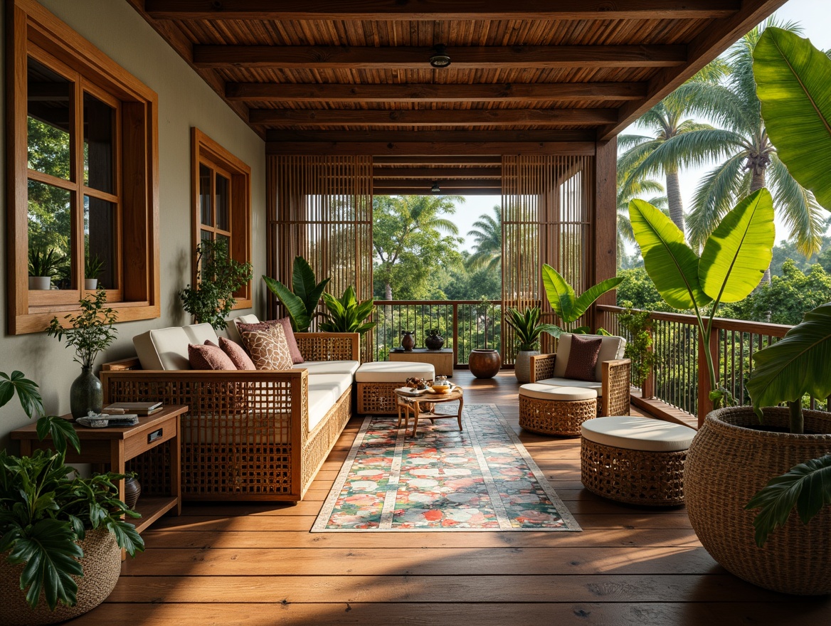 Prompt: Tropical apartment, wooden flooring, distressed finishes, natural textures, woven rattan furniture, exotic wood accents, vibrant greenery, potted palms, colorful ceramic tiles, mosaic patterns, earthy tone color palette, ambient warm lighting, shallow depth of field, 1/2 composition, soft focus, realistic rendering.