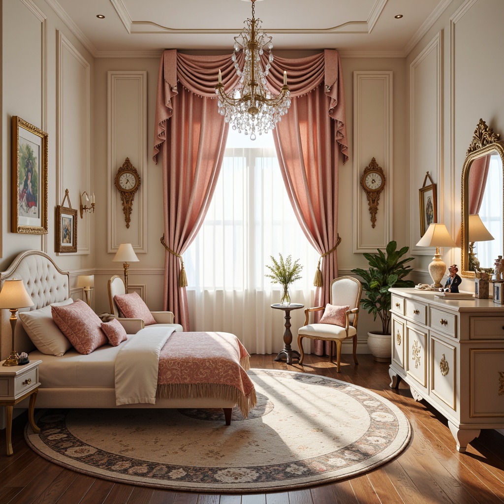 Prompt: Whimsical kids' bedroom, ornate furniture, curved lines, delicate carvings, soft pastel colors, luxurious fabrics, velvet drapes, golden accents, crystal chandeliers, intricately patterned rugs, playful toys, vintage dolls, antique clocks, distressed finishes, feminine touches, elegant molding, ornate mirrors, softbox lighting, warm cozy atmosphere, shallow depth of field, 1/1 composition, detailed textures, ambient occlusion.