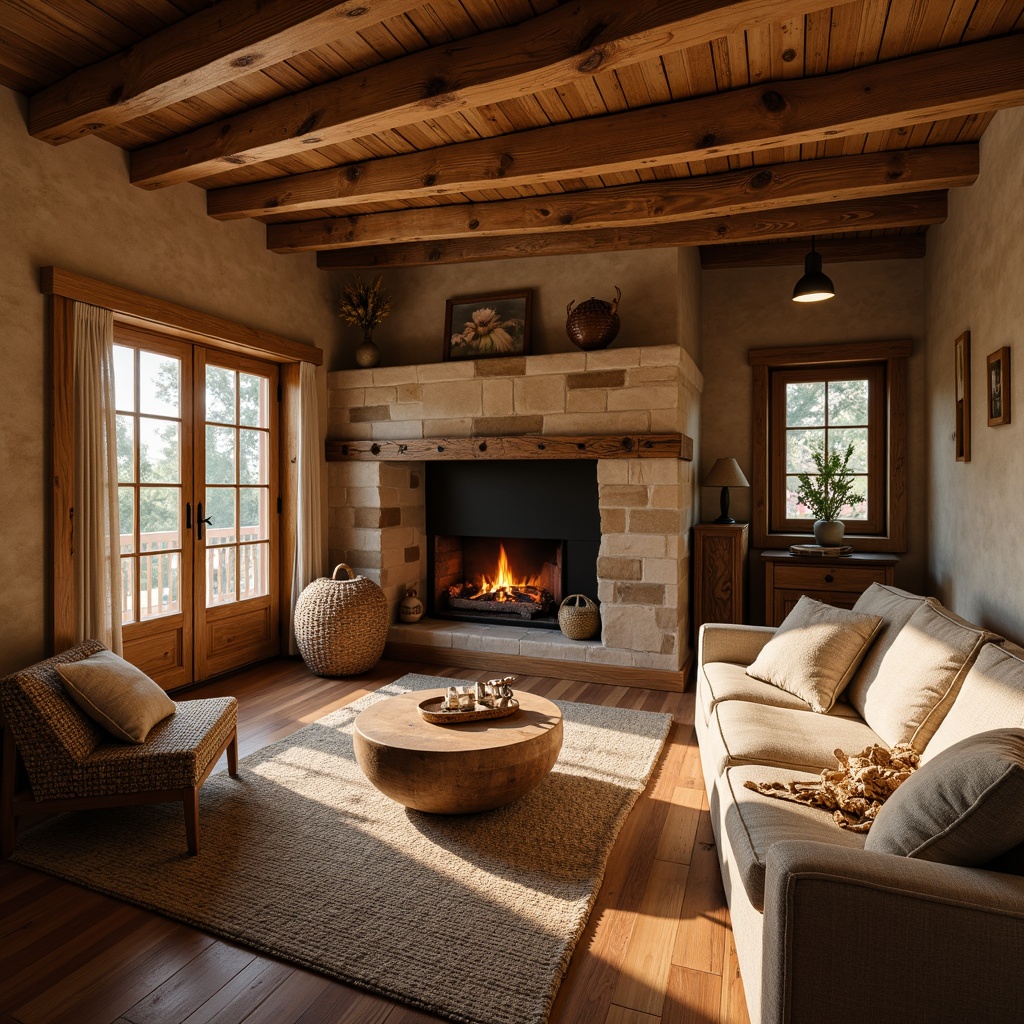 Prompt: Earthy cabin, natural wood textures, warm beige walls, rustic stone fireplace, cozy plush furnishings, woven wicker baskets, vintage wooden decorations, soft golden lighting, shallow depth of field, 1/1 composition, intimate atmosphere, realistic wood grains, ambient occlusion, warm color palette, inviting ambiance.