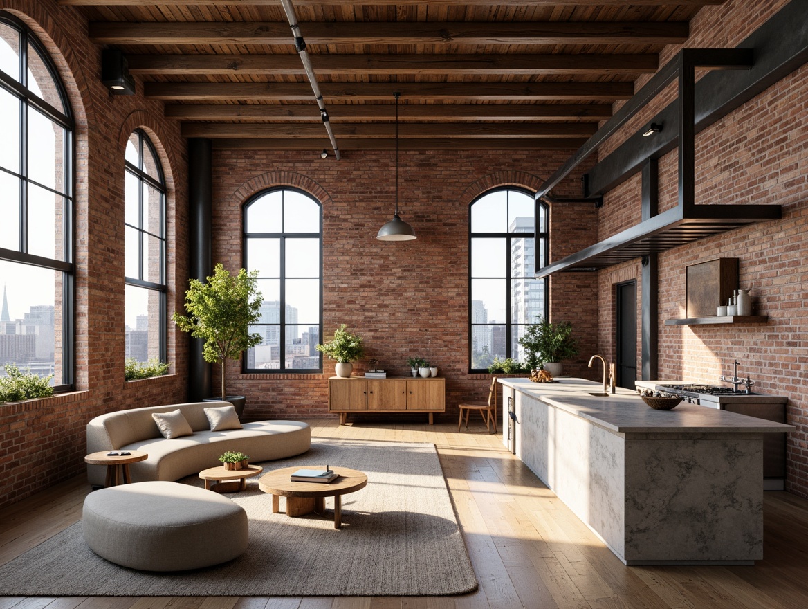 Prompt: Exposed brick walls, reclaimed wood beams, industrial metal accents, distressed wooden floors, minimalist decor, modern rustic furniture, natural stone countertops, earthy color palette, abundant natural light, urban cityscape views, 1/1 composition, shallow depth of field, warm soft lighting, realistic textures, ambient occlusion.Please let me know if this meets your requirements!