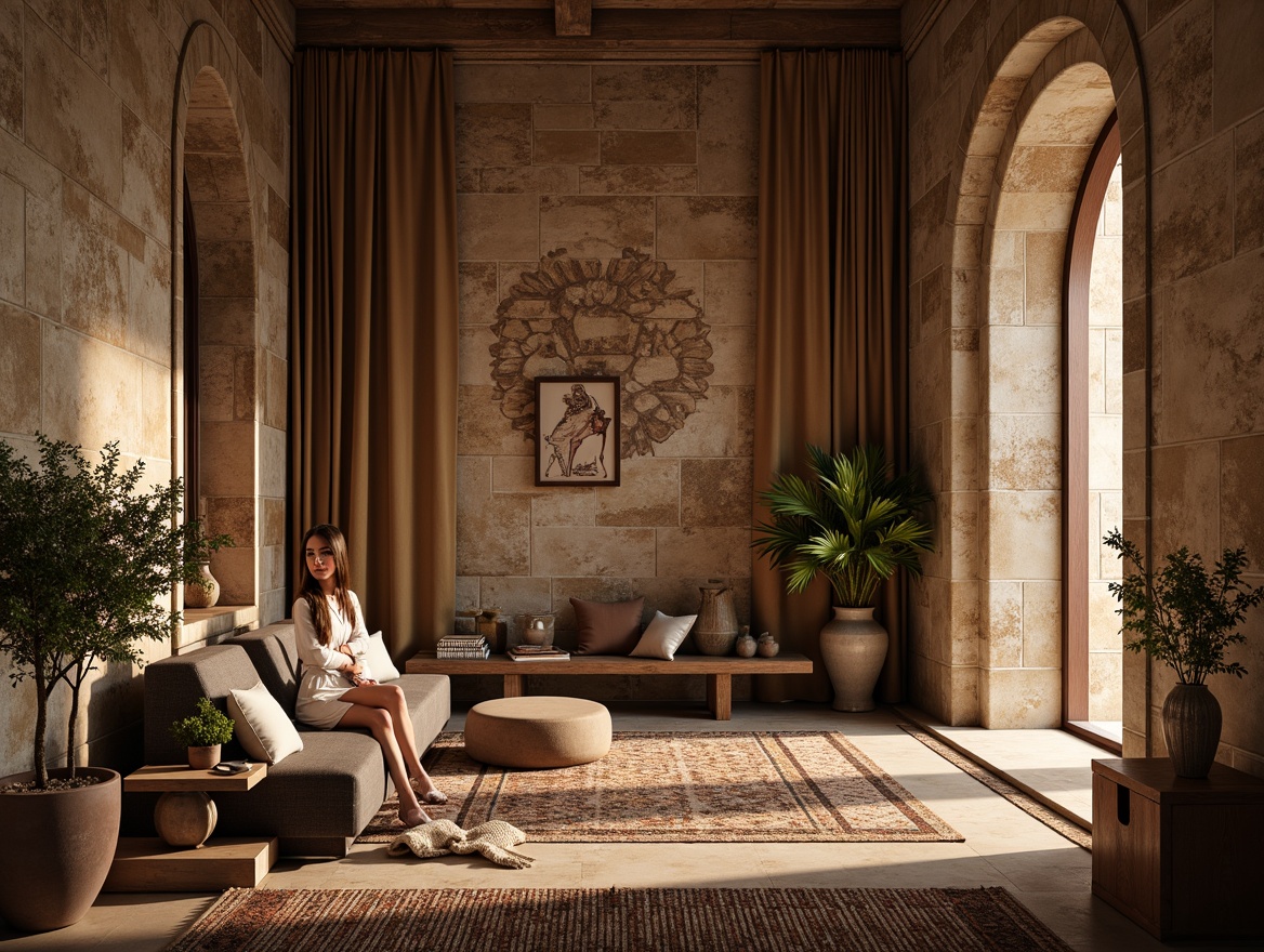 Prompt: Richly textured walls, tactile stone surfaces, warm wooden accents, metallic sheen, soft fabric draping, intricate mosaic patterns, natural fiber rugs, earthy terracotta pots, ambient subtle lighting, shallow depth of field, 3/4 composition, realistic reflections, detailed normal maps.