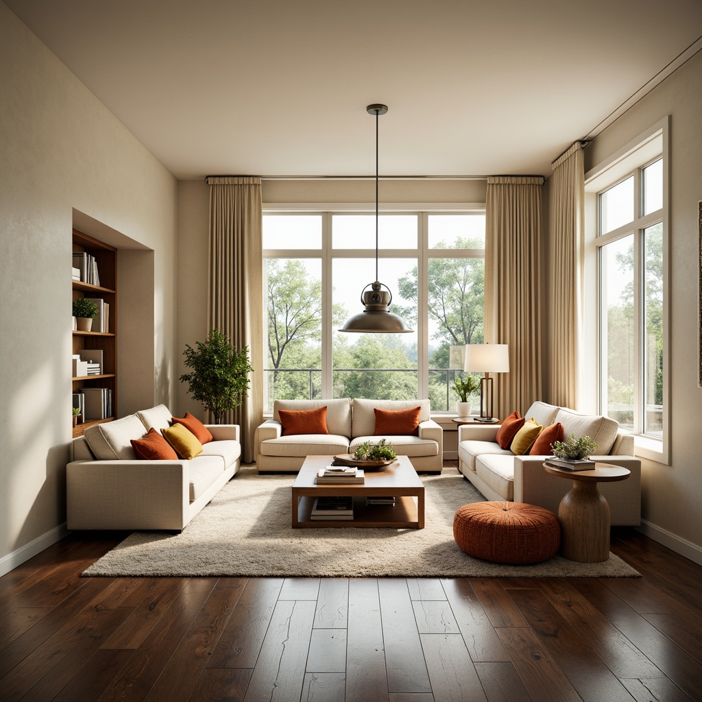 Prompt: Elegant living room, modern furniture, soft cream walls, dark hardwood floors, large windows, natural light, warm ambiance, pendant lights, industrial metal shades, minimalist design, energy-efficient LED bulbs, cozy reading nook, floor lamps, table lamps, warm beige upholstery, vibrant colorful throw pillows, rustic wooden accents, subtle texture variations, 1/1 composition, softbox lighting, realistic reflections.