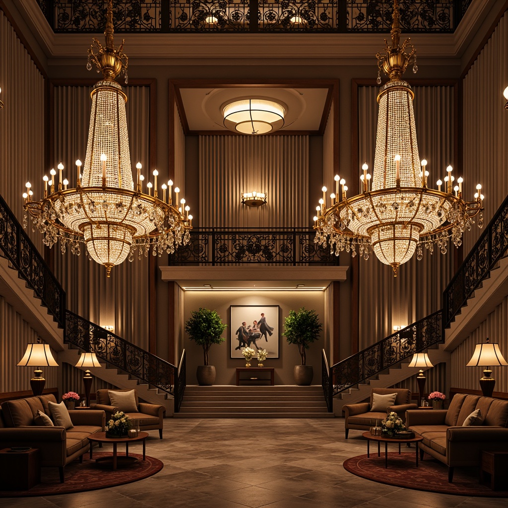 Prompt: Ornate chandeliers, crystal droplets, golden accents, lavish candelabras, intricate metalwork, rich fabrics, velvet drapes, opulent furnishings, grand staircases, marble floors, ornate mirrors, soft warm glow, subtle shadows, dramatic ceiling fixtures, layered lighting, ambient illumination, 1/2 composition, realistic reflections, detailed textures.