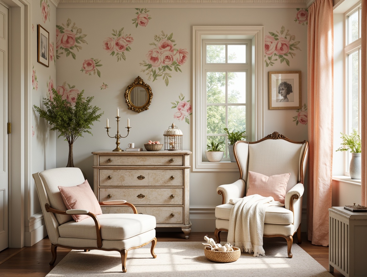 Prompt: Soft, feminine shabby-chic style, distressed wood accents, vintage floral patterns, pastel colors, gentle peach tones, soft blush pinks, creamy whites, pale lavender hues, muted sage greens, warm beige textures, ornate metal details, antique furniture pieces, lace trimmings, ruffled fabrics, natural linen materials, elegant candelabras, warm sunny lighting, shallow depth of field, 1/2 composition, realistic textures, ambient occlusion.