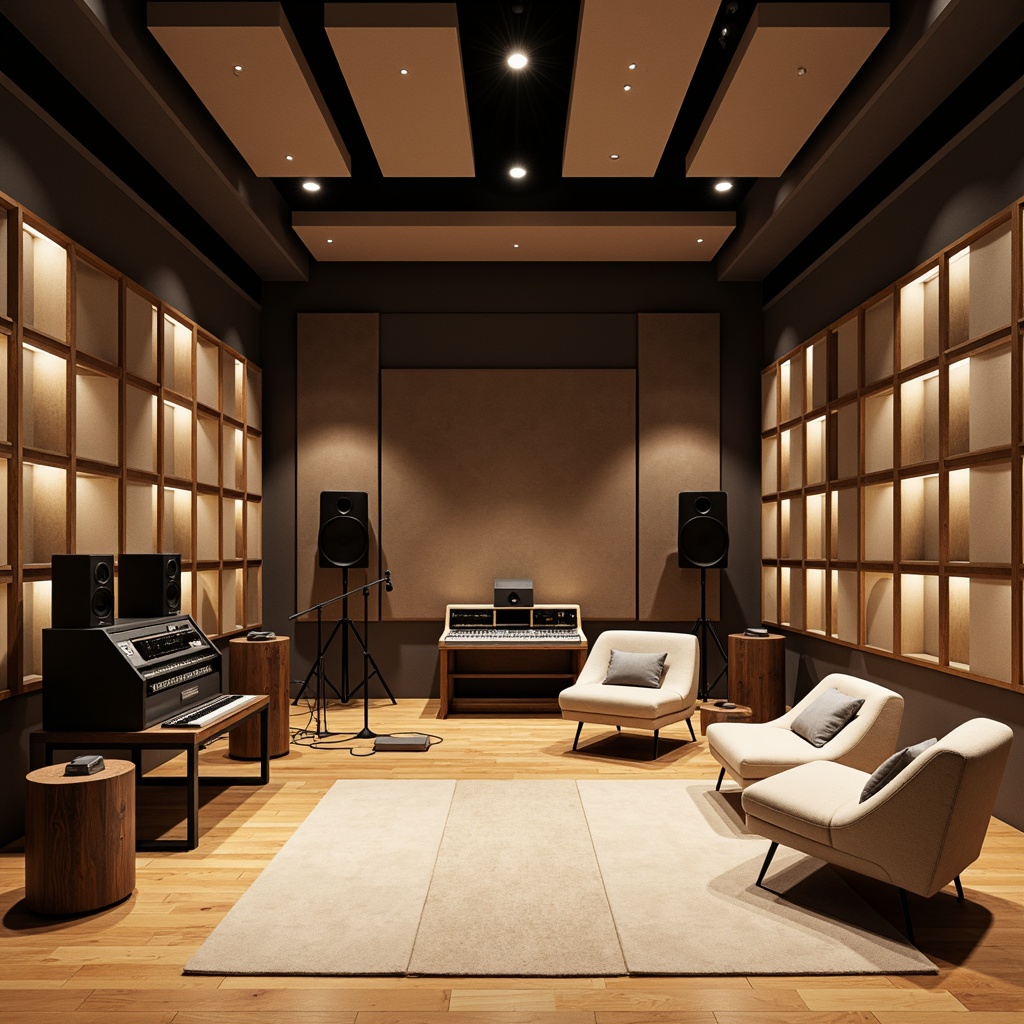 Prompt: Modern recording studio, soundproofed walls, acoustic panels, diffused reflections, optimized reverberation time, professional audio equipment, microphone stands, soundboards, comfortable seating areas, wooden flooring, minimalist decor, warm color scheme, soft overhead lighting, 1/2 composition, shallow depth of field, realistic textures.