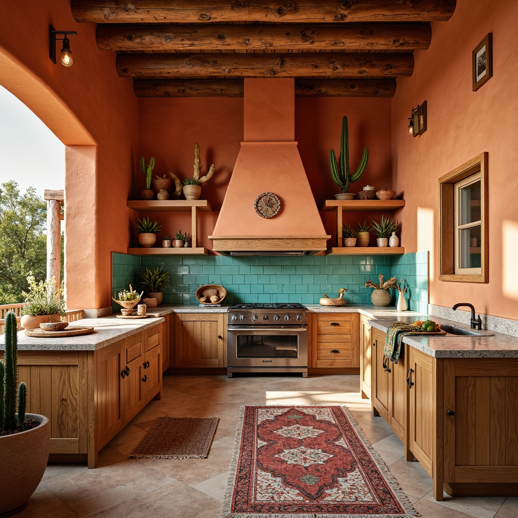 Prompt: \Vibrant southwestern kitchen, earthy terracotta walls, rustic wooden cabinets, turquoise accents, sandy beige countertops, warm golden lighting, woven textiles, natural fiber rugs, potted cacti, open shelving, modern appliances, sleek granite islands, colorful Talavera tiles, distressed wood finishes, soft adobe-inspired hues, warm sunny day, shallow depth of field, 3/4 composition, realistic textures, ambient occlusion.\