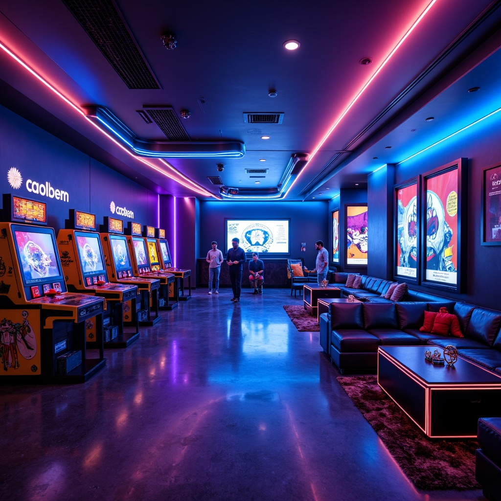 Prompt: Vibrant game room, neon-lit arcade machines, glowing LED strips, futuristic ambiance, dark blue walls, glossy floors, high-contrast lighting, bold color schemes, energetic atmosphere, dynamic shadows, 3D visual effects, spotlights on gaming stations, ambient glow on console tables, warm white light on cozy seating areas, cinematic mood lighting, dramatic lighting transitions, shallow depth of field, 1/1 composition, realistic textures, ambient occlusion.