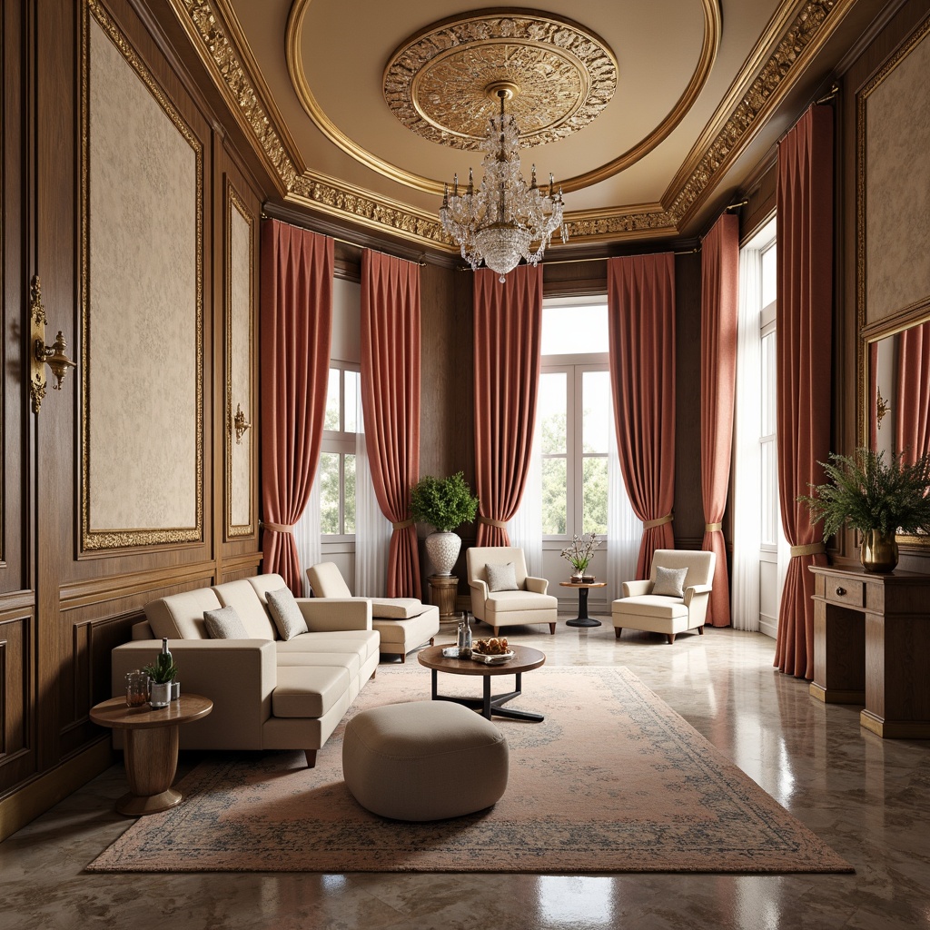 Prompt: Luxurious velvet drapes, ornate gold leaf details, crystal chandeliers, marble flooring, rich wood paneling, statement furniture pieces, plush area rugs, metallic accents, delicate lace trim, soft pastel hues, warm ambient lighting, shallow depth of field, 1/1 composition, realistic textures, subtle reflections.