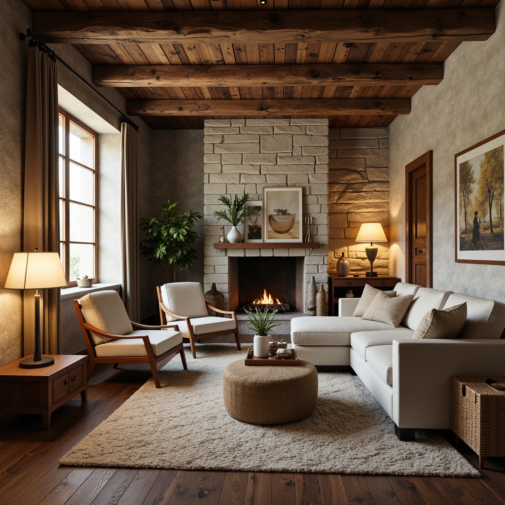 Prompt: Cozy living room, textured stone walls, reclaimed wood flooring, plush area rugs, comfortable sofas, accent chairs, wooden coffee tables, decorative vases, natural fiber drapes, woven baskets, warm floor lamps, softbox lighting, shallow depth of field, 1/2 composition, realistic textures, ambient occlusion.