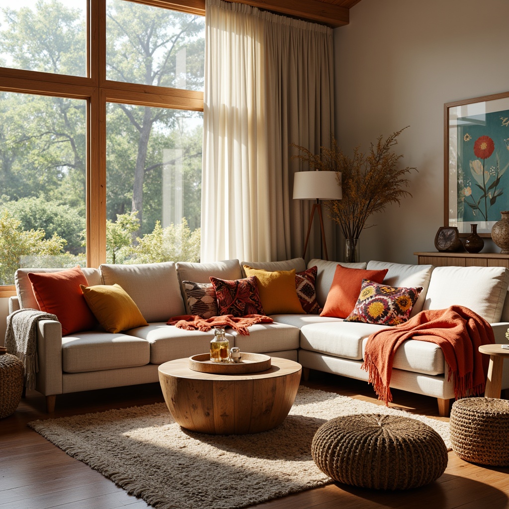 Prompt: Cozy living room, plush sofas, vibrant colorful throw pillows, soft blankets, woven baskets, natural fiber rugs, wooden coffee tables, modern minimalist decor, floor-to-ceiling windows, warm sunny day, gentle diffused lighting, shallow depth of field, 1/1 composition, realistic textures, ambient occlusion, velvet fabrics, linen upholstery, cotton drapes, Moroccan-inspired geometric patterns, eclectic mix of vintage and modern elements.