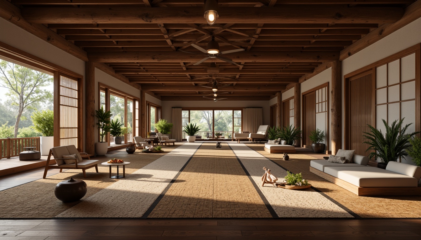 Prompt: Traditional Japanese tatami mats, dark hardwood floors, natural bamboo surfaces, intricately patterned area rugs, soft warm lighting, cozy seating areas, minimalist decor, subtle textures, earthy tone color palette, serene ambiance, peaceful atmosphere, 3/4 composition, shallow depth of field, realistic reflections.