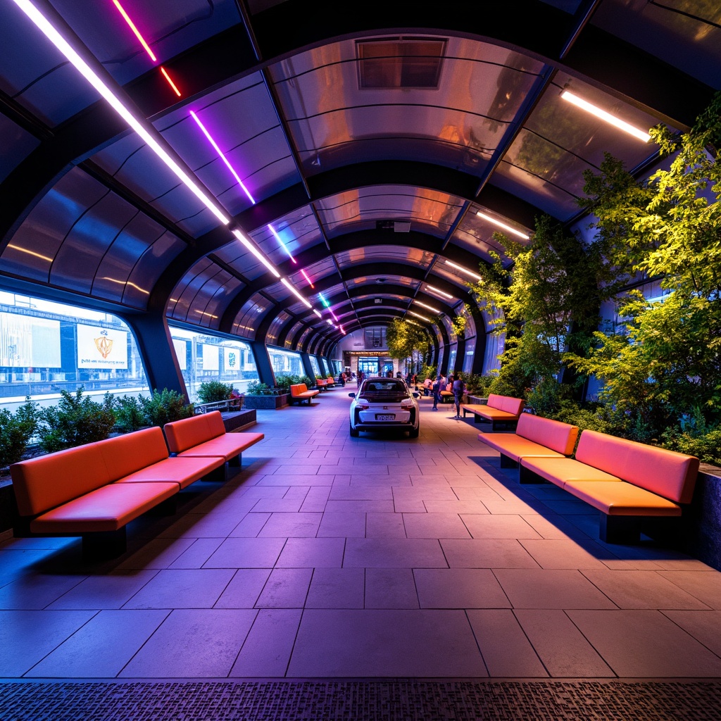 Prompt: Futuristic metro station, vibrant neon lights, sleek metallic surfaces, undulating curves, minimalist seating areas, geometric-patterned flooring, eclectic mix of textures, bold color schemes, dynamic LED displays, urban jungle atmosphere, lush green walls, natural stone accents, modular furniture systems, adaptable ergonomic designs, interactive digital installations, immersive audio experiences, 1/1 composition, high-contrast lighting, dramatic shadows, cinematic angles.