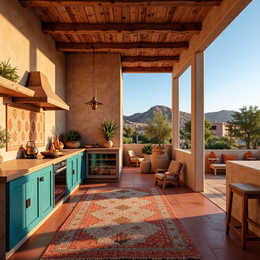 Prompt: Vibrant southwestern kitchen, terracotta flooring, sandy beige walls, turquoise cabinets, rustic wooden accents, woven textiles, geometric patterns, vibrant red and orange hues, warm golden lighting, ceramic tiles, adobe-inspired architecture, desert landscape views, cactus plants, clear blue sky, warm sunny day, shallow depth of field, 3/4 composition, panoramic view, realistic textures, ambient occlusion.