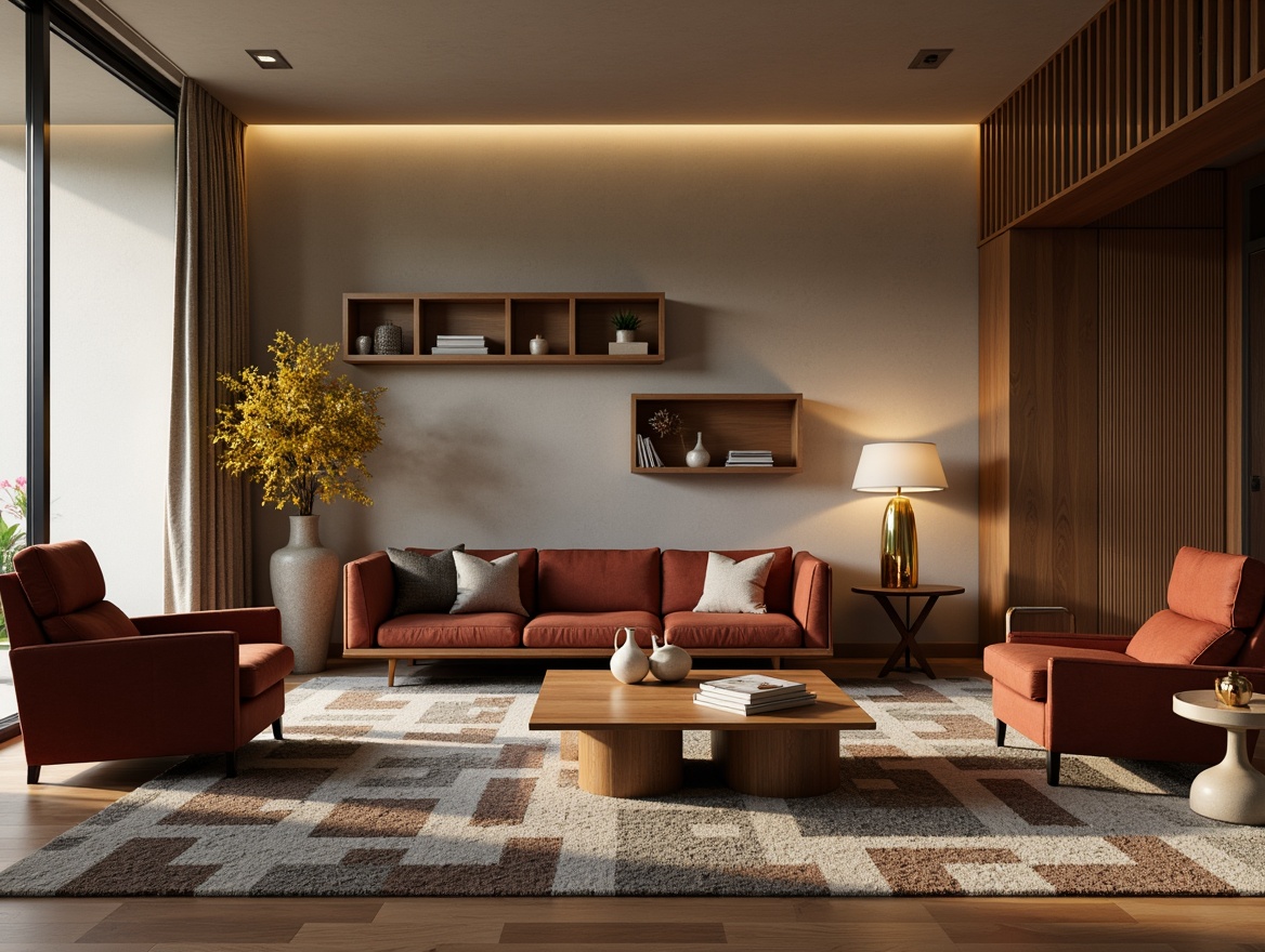 Prompt: Mid-century modern living room, retro-style armchairs, tufted velvet sofas, wooden coffee tables, geometric-patterned rugs, brass floor lamps, minimalist decorative shelves, natural wood accents, organic shapes, earthy color palette, warm ambient lighting, shallow depth of field, 1/1 composition, soft focus, realistic textures, subtle reflections.