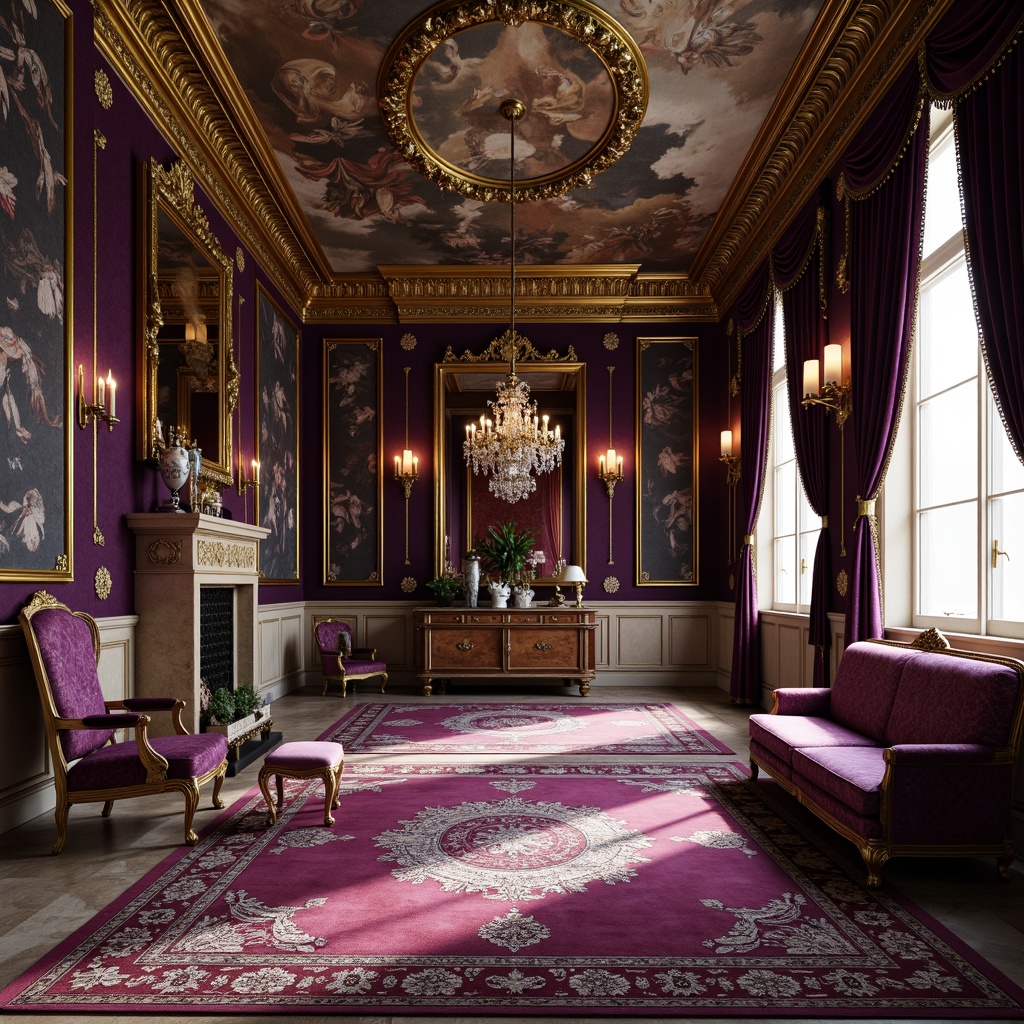 Prompt: Luxurious velvet drapes, intricate gold embroidery, richly patterned rugs, ornate wooden furniture, carved marble accents, grand crystal chandeliers, opulent silk upholstery, lavish lace trimmings, regal purple hues, majestic ceiling frescoes, dramatic floor-to-ceiling windows, soft warm candlelight, subtle gradient shadows, 1/1 composition, intimate close-up shots, high-contrast textures, ambient occlusion.