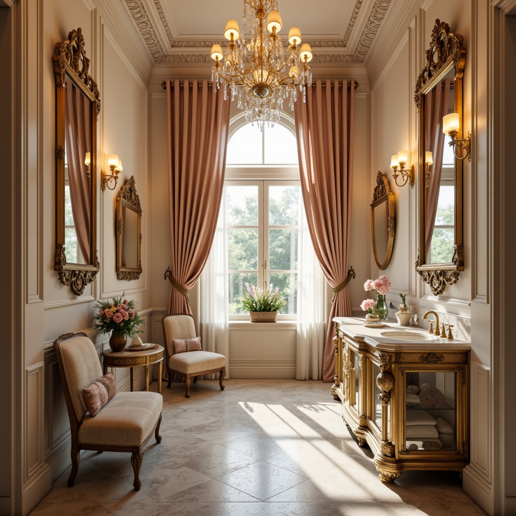 Prompt: Luxurious powder room, ornate mirrors, gilded frames, velvet drapes, soft pastel hues, delicate florals, intricate moldings, crystal chandeliers, warm candlelight, gentle ambient glow, subtle shadows, 1/1 composition, shallow depth of field, romantic atmosphere, elegant furniture, marble countertops, lavish textiles, subtle reflections, warm beige tones, French-inspired elegance.