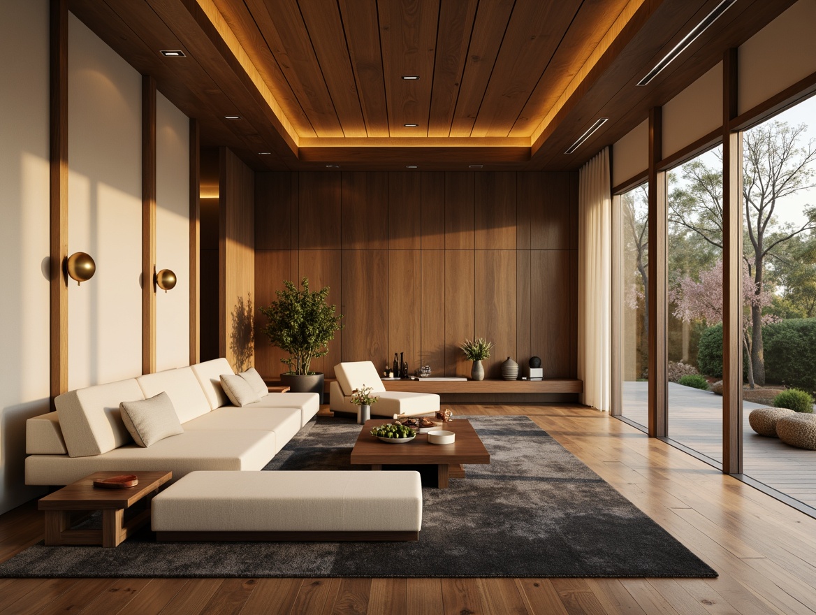 Prompt: Luxurious pavilion interior, modern minimalist design, sleek metal accents, warm beige walls, rich walnut wood flooring, soft cream upholstery, velvety dark grey carpets, subtle gold lighting fixtures, ambient warm glow, 1/2 composition, shallow depth of field, natural textures, realistic renderings.