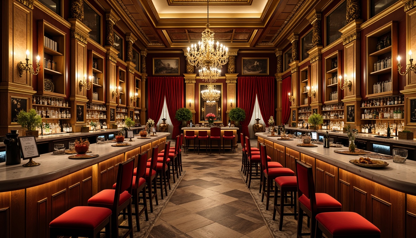 Prompt: Luxurious bar interior, ornate gold accents, velvet drapes, marble countertops, rich wood paneling, intricate carvings, Rococo-inspired wall treatments, decorative molding, ornamental plasterwork, lavish chandeliers, soft warm lighting, shallow depth of field, 1/1 composition, intimate atmosphere, realistic textures, ambient occlusion.