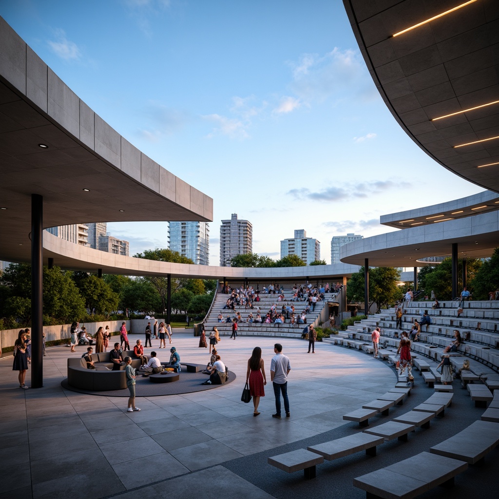 Prompt: Curved Modern amphitheater, sleek minimalist design, polished concrete floors, rounded seating areas, gradient blue sky, warm sunny day, subtle natural light, optimized sound reflection, acoustic panels, diffused audio systems, immersive audience experience, elevated stage platforms, dynamic lighting rigs, angular steel structures, futuristic architecture, urban cityscape background, lush greenery surroundings, vibrant cultural events, soft evening ambiance, shallow depth of field, 1/2 composition, cinematic view.