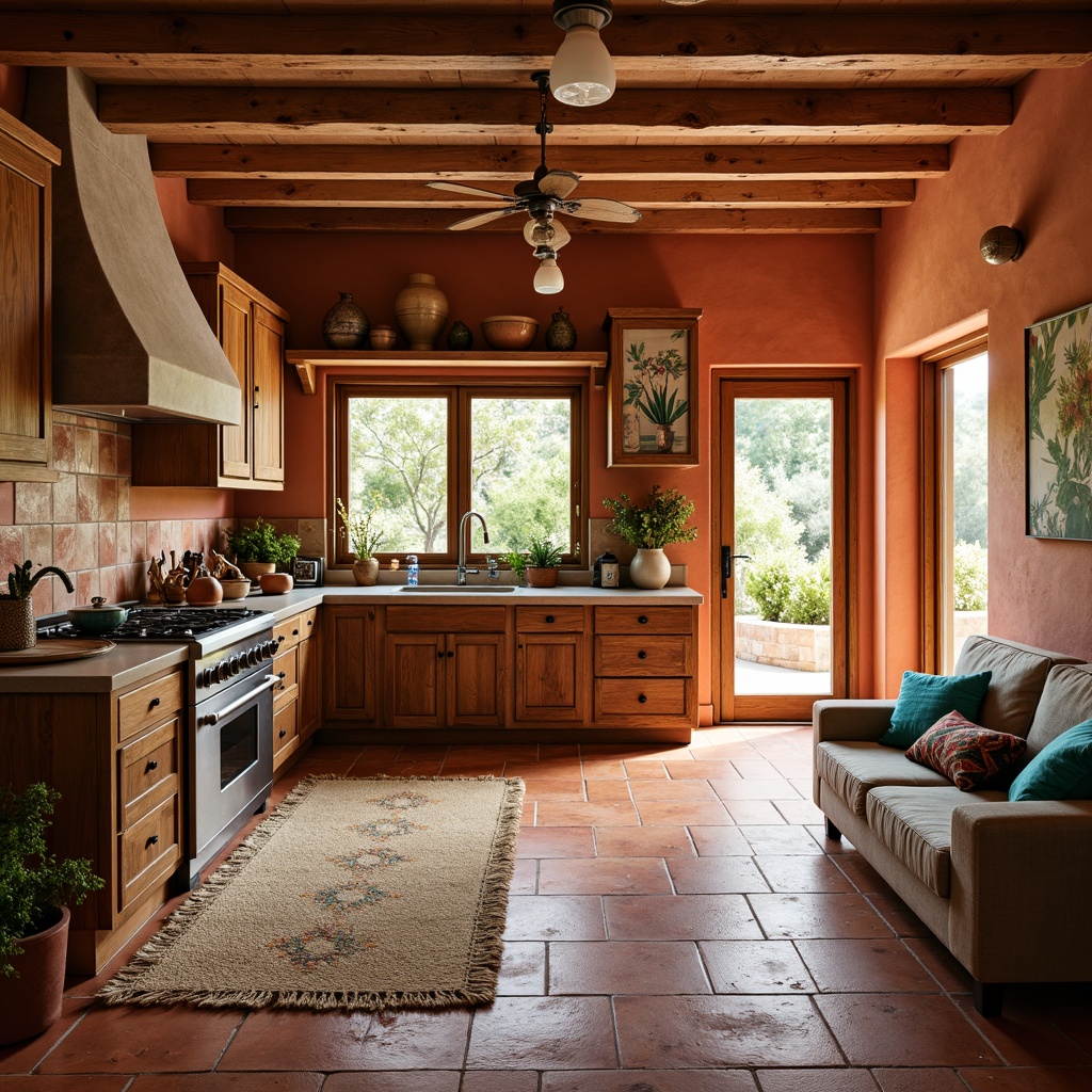 Prompt: Vibrant southwestern kitchen, warm earthy tones, terracotta floors, rustic wooden cabinets, turquoise accents, woven textiles, geometric patterns, Aztec-inspired motifs, natural fabrics, linen upholstery, jute rugs, pendant lamps, wrought iron fixtures, reclaimed wood shelving, clay pottery, desert botanicals, sunlit windows, soft warm lighting, shallow depth of field, 3/4 composition, realistic textures, ambient occlusion.