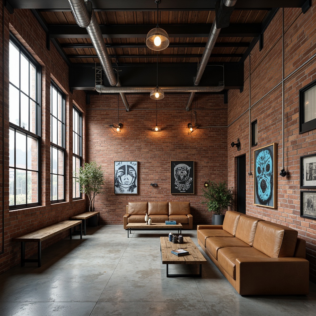 Prompt: Industrial-style community center, exposed brick walls, metal beams, reclaimed wood accents, distressed leather sofas, vintage factory lamps, urban graffiti art, concrete floors, industrial-chic decor, minimalist coffee tables, metal-edged chairs, rustic wooden benches, decorative steel pipes, Edison bulb lighting, atmospheric fog effect, shallow depth of field, 1/1 composition, realistic textures, ambient occlusion.