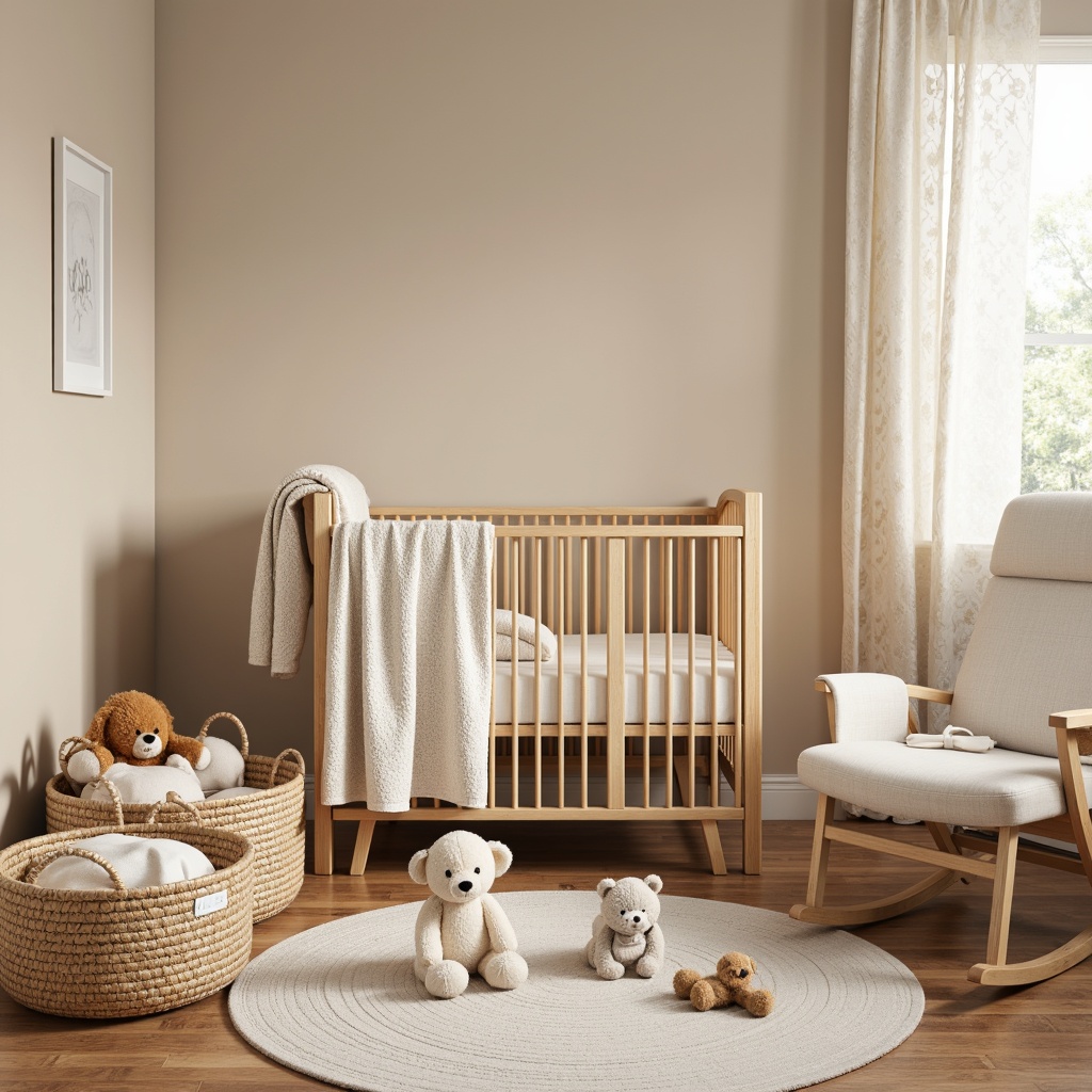 Prompt: Soft baby blankets, plush toys, warm beige walls, natural wood crib, delicate lace curtains, gentle pastel colors, cozy reading nook, comfortable glider rocker, woven baskets, subtle texture contrasts, organic cotton fabrics, soothing color palette, serene nursery atmosphere, warm soft lighting, 1/1 composition, intimate close-up shots, realistic fabric simulations.