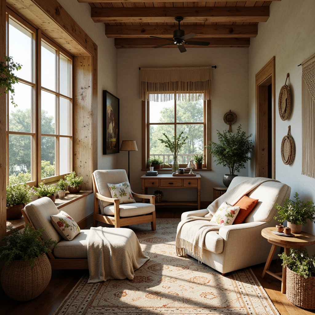 Prompt: Vintage farmhouse, eclectic interior, distressed wood accents, woven baskets, plush throw blankets, floral patterns, rustic linen fabrics, natural cotton textures, earthy tone color palette, warm ambient lighting, cozy reading nooks, oversized armchairs, vintage decorative accessories, soft pastel hues, organic shapes, natural fibers, woven rugs, macrame wall hangings, bohemian-inspired textiles, relaxed casual atmosphere, shallow depth of field, 1/1 composition, realistic fabric renderings.