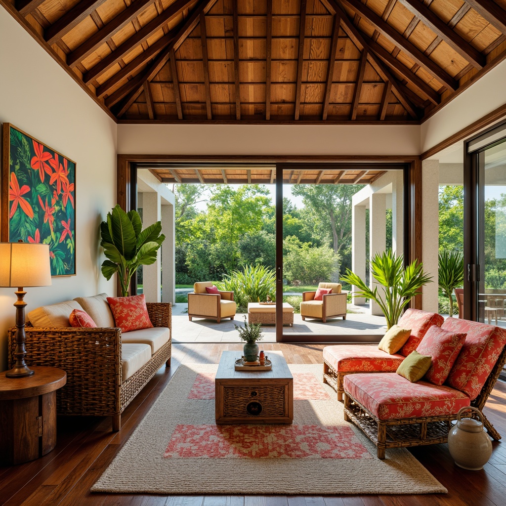 Prompt: Vibrant tropical living room, rattan furniture, natural fiber upholstery, woven bamboo accents, palm tree-inspired decor, colorful tiki torches, exotic floral patterns, bright coral hues, sunny outdoor spaces, lush greenery views, large sliding glass doors, ocean breeze-inspired textiles, woven sea grass rugs, distressed wood finishes, coastal-themed wall art, refreshing misting systems, ambient warm lighting.