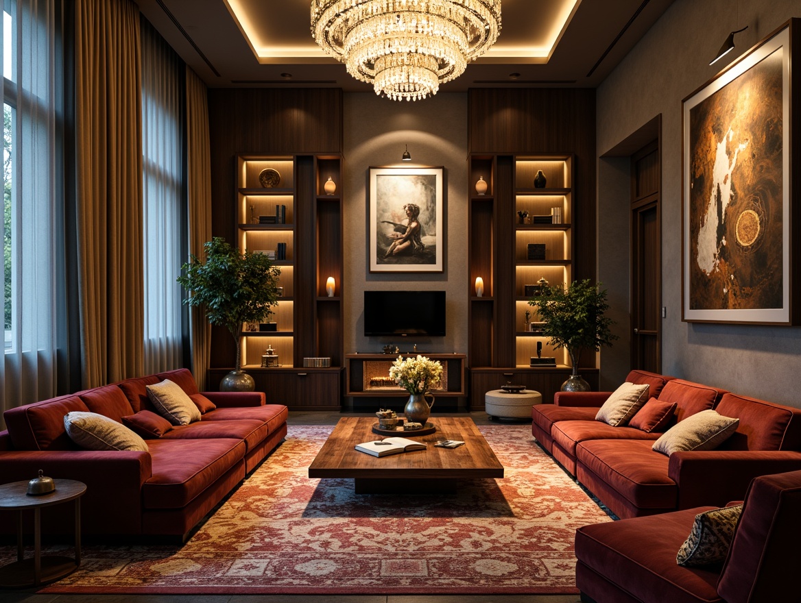 Prompt: Luxurious living room, rich velvet sofas, ornate wooden coffee tables, intricately patterned rugs, sparkling crystal chandeliers, floor-to-ceiling windows, sheer curtains, ambient lighting, cozy reading nooks, plush throw pillows, metallic accents, modern abstract artwork, sleek TV consoles, marble fireplace surrounds, soft warm glow, shallow depth of field, 1/1 composition, realistic textures, subtle color grading.