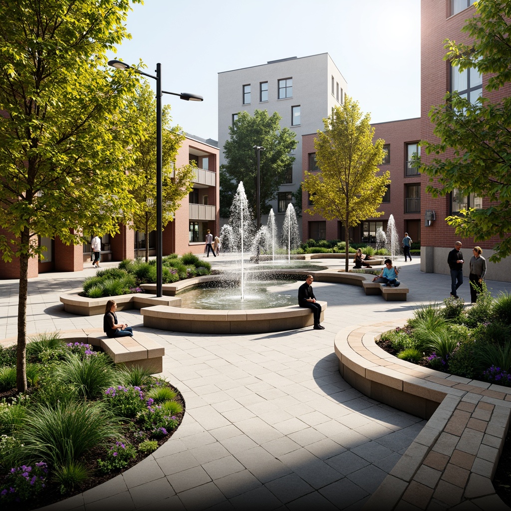 Prompt: Vibrant community plaza, lush greenery, curved benches, interactive art installations, dynamic water features, playful fountains, urban furniture, pedestrian-friendly walkways, modern street lamps, sunny day, soft warm lighting, shallow depth of field, 3/4 composition, panoramic view, realistic textures, ambient occlusion.