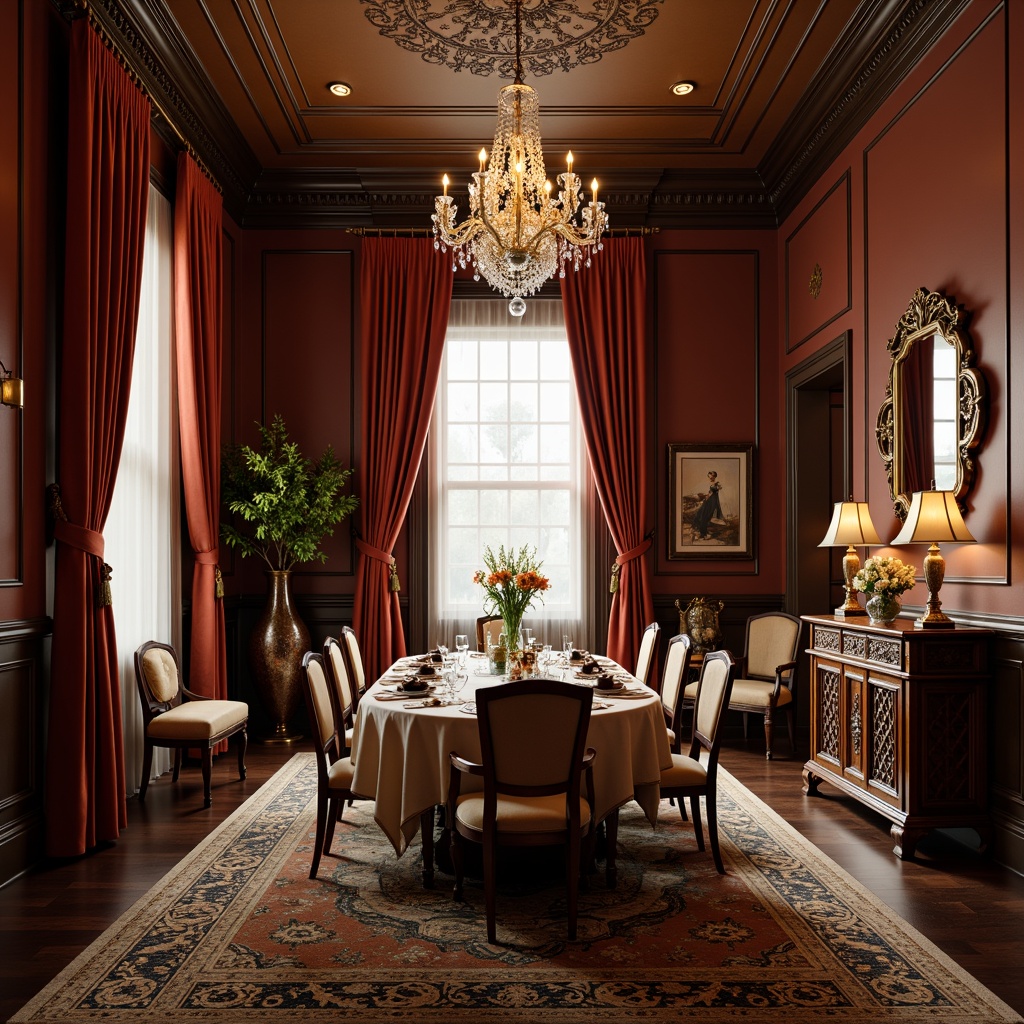 Prompt: Elegant dining room, luxurious velvet drapes, crystal chandelier, ornate wooden furniture, carved wooden panels, richly patterned rugs, metallic accents, lavish flower arrangements, soft warm lighting, intimate ambiance, 1/1 composition, shallow depth of field, realistic textures, ambient occlusion.